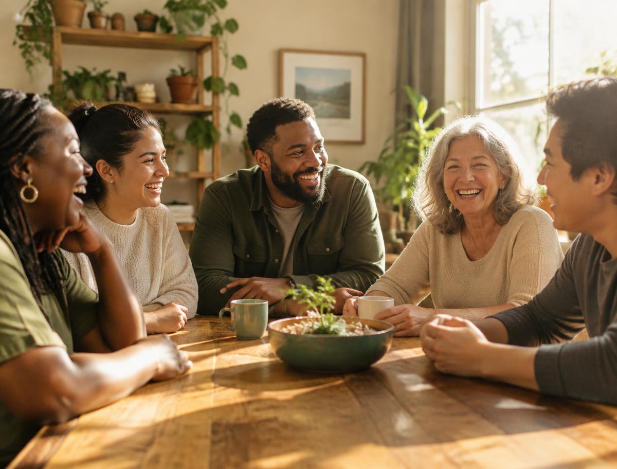People laughing and smiling together around a sunlit table