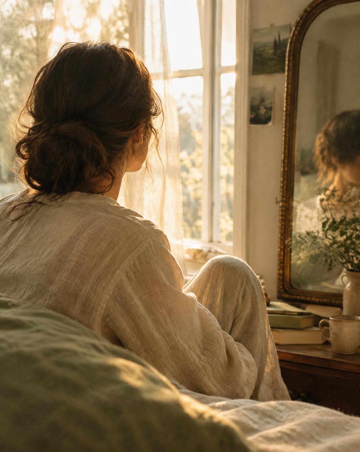 A person in soft morning light, seen from behind near a mirror